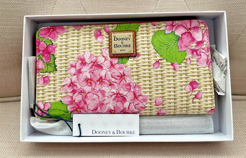Dooney & Bourke Hydrangea Basketweave Large Zip Around Wristlet Wallet Pink3 NWT Hydrangea