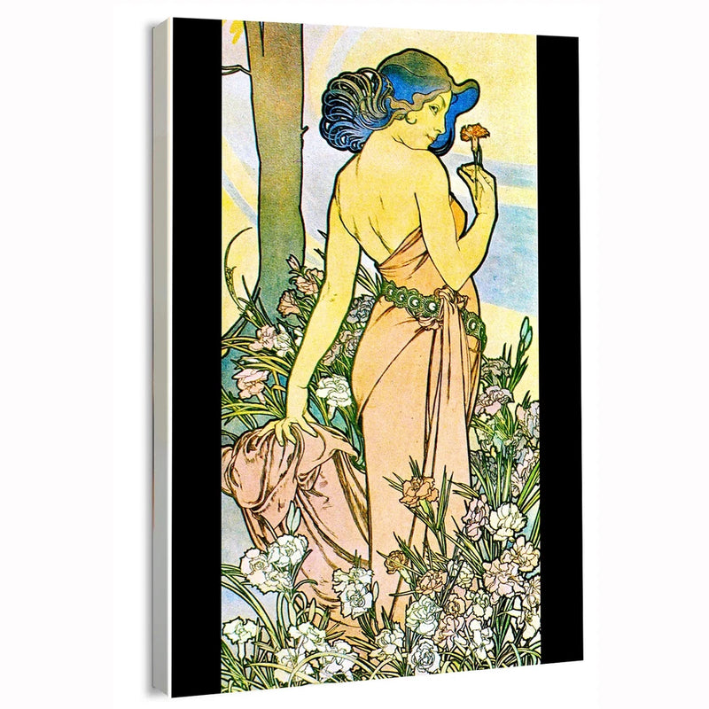 Alphonse Mucha floral wall art canvas with woman holding a flower amid blooms