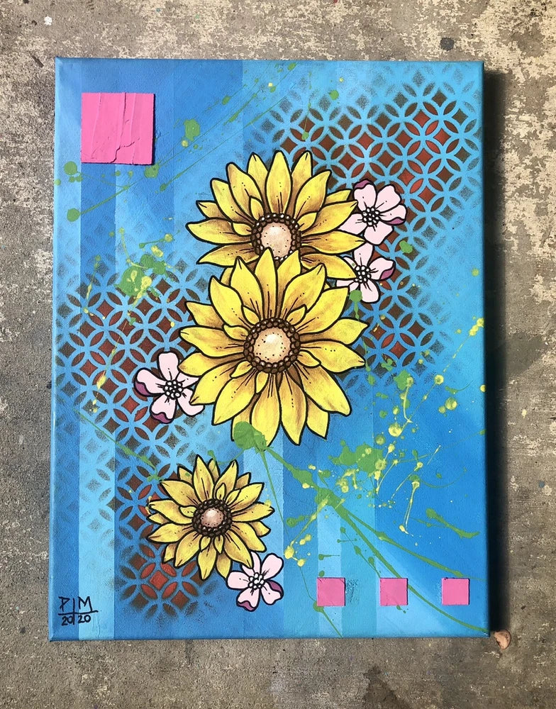 Blue abstract painting with yellow sunflowers, pink blossoms, and lace-like pattern