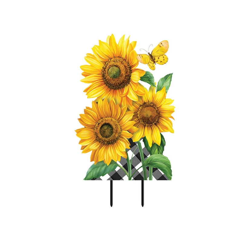 Metal art sunflower stake set with three yellow blooms, green leaves, and a yellow butterfly