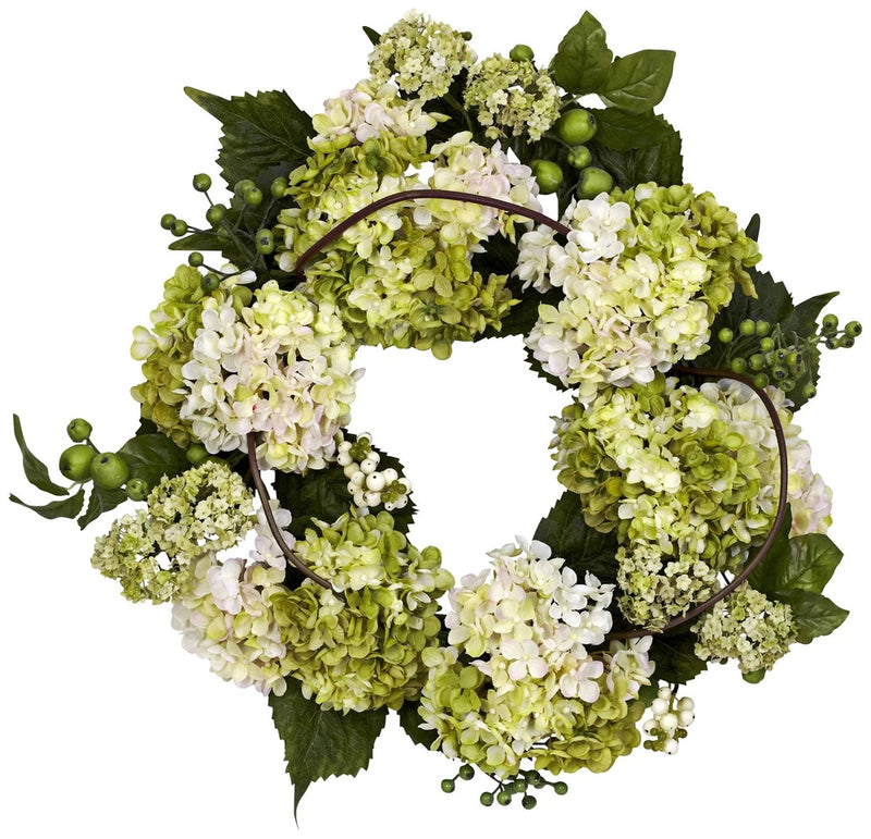 Cream and Green Hydrangea 22" Round Faux Flower Wreath Hydrangea