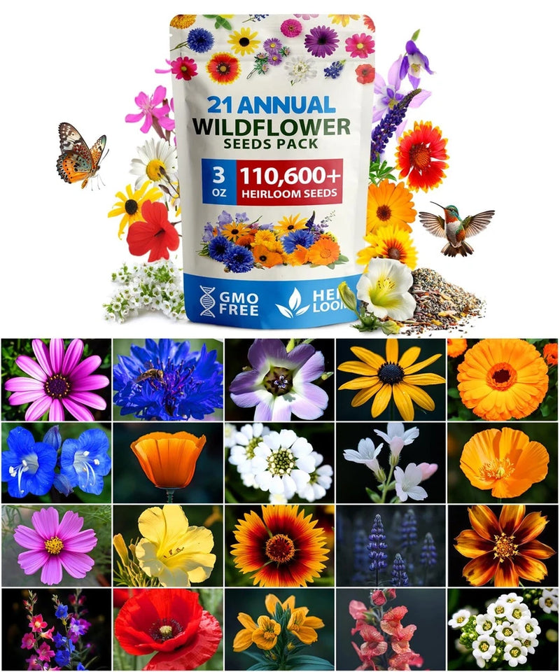 Wildflower Seed Mix - 110,600+ Non-GMO Seeds, 21 Varieties for Butterfly Garden, Garden Plants