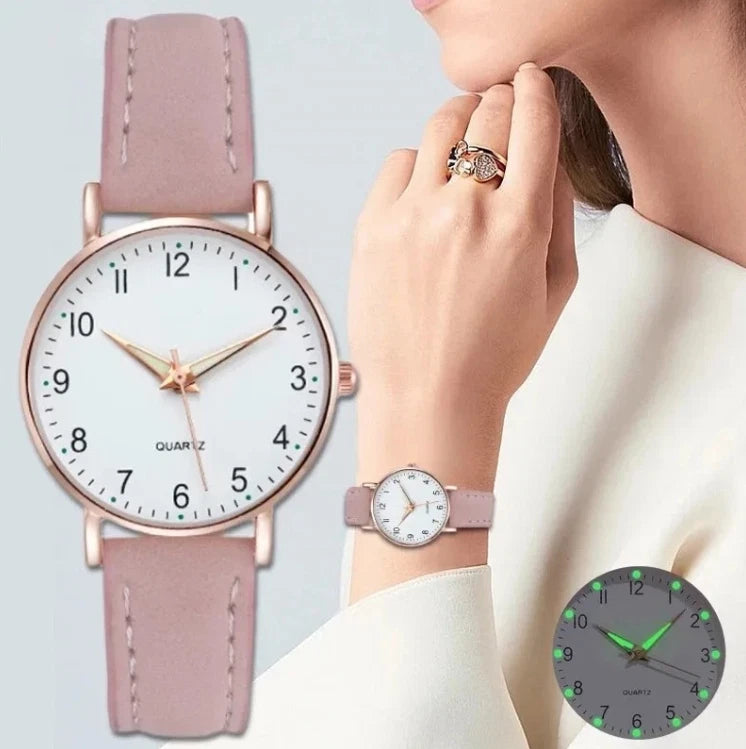 Women’s quartz analog wrist watch with light pink leather strap