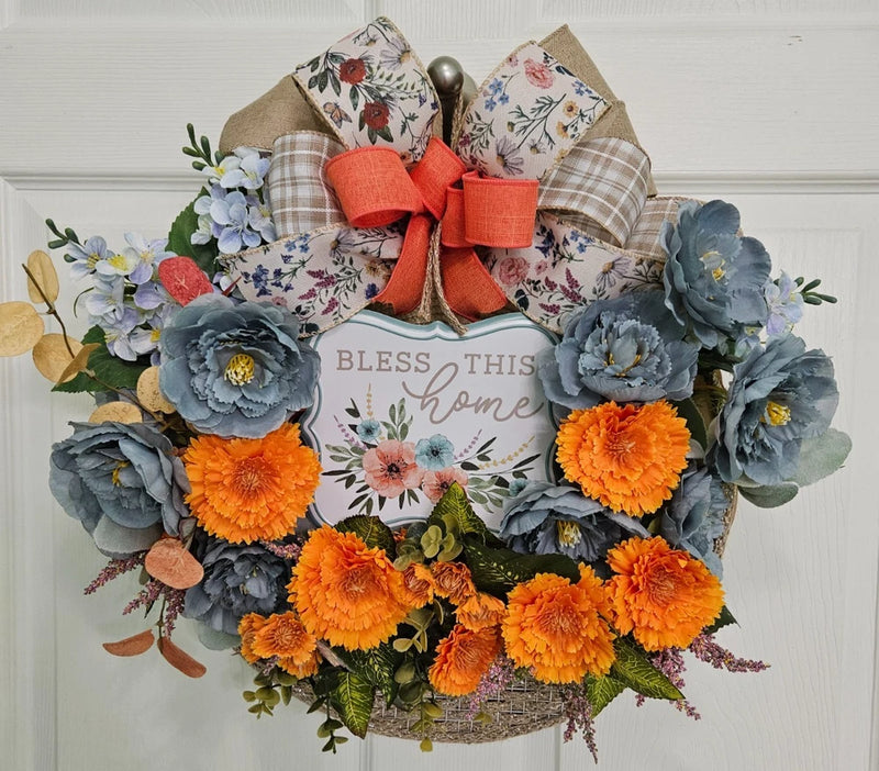 Fall Orange and Blue Blessing Basket Wreath, Faux Florals Flowers Sunflower