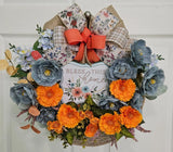 Fall Orange and Blue Blessing Basket Wreath, Faux Florals Flowers Sunflower