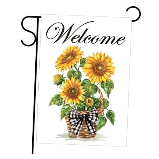 Sunflower garden flag with “Welcome” text, sunflower bouquet and plaid bow