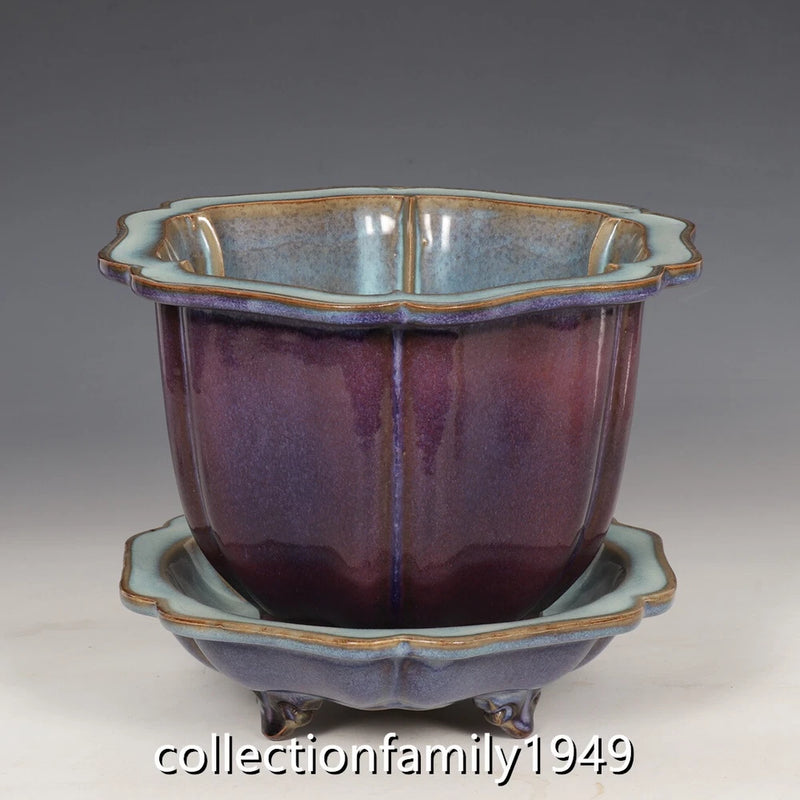 Purple glazed porcelain plant pot with scalloped tray and integrated handles