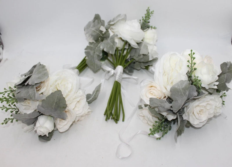 Wedding Artificial Flower Bouquet Lot of 3 Bridesmaid Bridal Flower Girl WHITE Bouquet