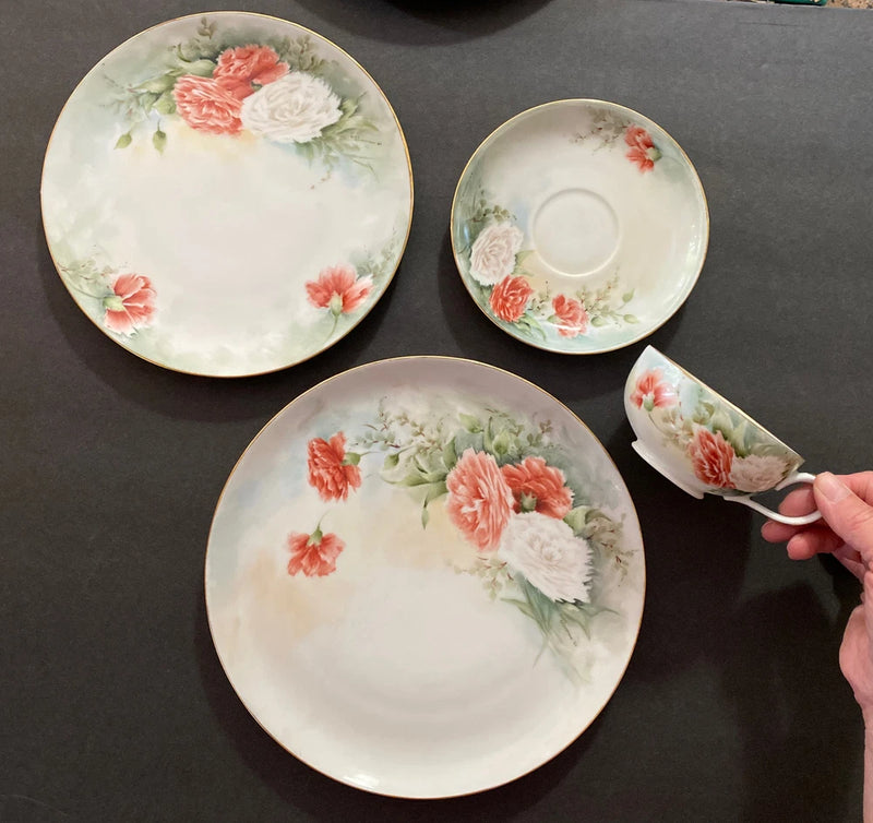 Vintage Bavarian 4-Pc Place Setting Carnations Flowers Hand Painted Reichmann Carnation