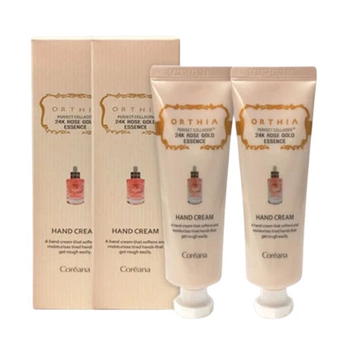 Set of 2 hand cream tubes, rose-gold label, with two cardboard boxes