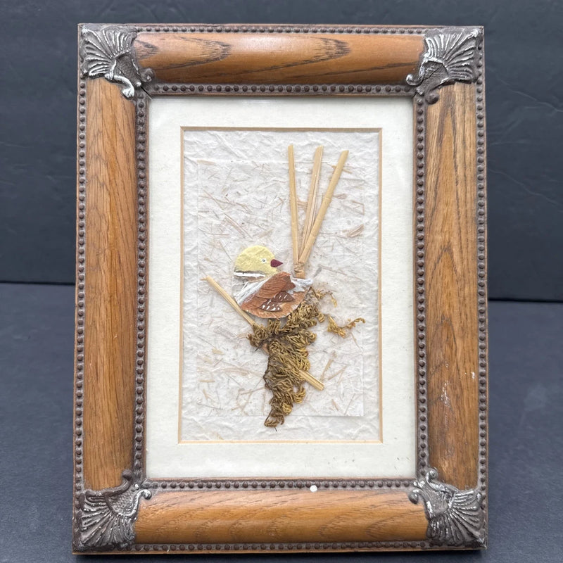Antiqued wood frame 3D dried flower art with bird on white paper