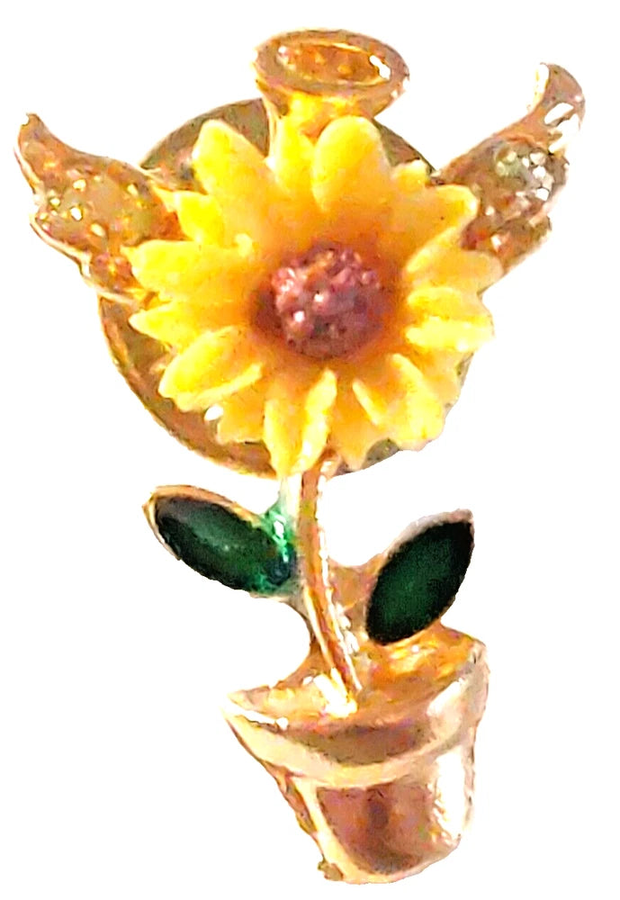 Multicolored sunflower lapel pin with green leaves and gold-toned potted base