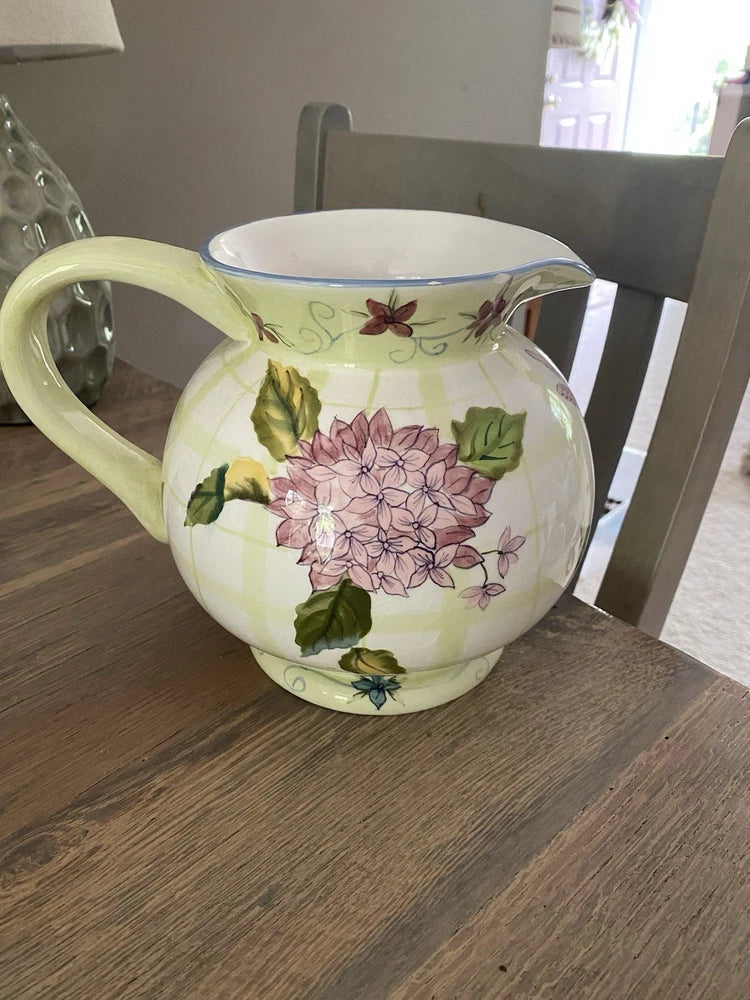 ZRIKE Hand Painted Hydrangea Pitcher Ceramic w Beautiful Floral Pattern Hydrangea