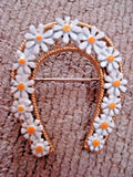 RARE 1960's Gold Plated Small Enameled Daisies Flowers Horseshoe Brooch Pin Sunflower
