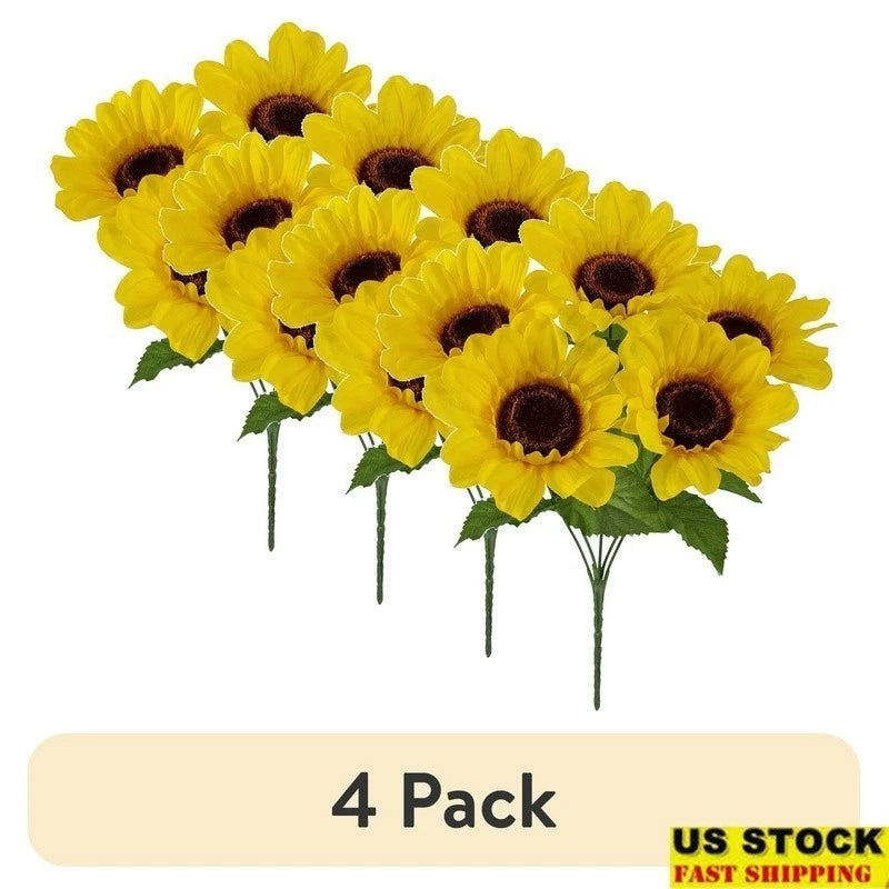 Artificial sunflower picks, yellow blooms with dark centers, green leaves, 4-pack