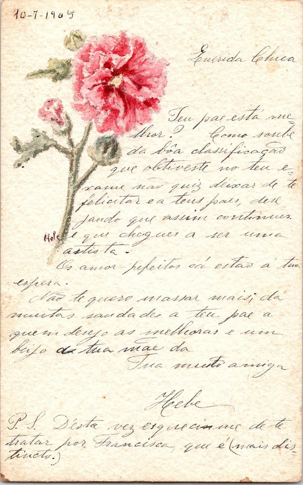 Vintage hand-painted pink carnation flower postcard with cursive writing and stamps
