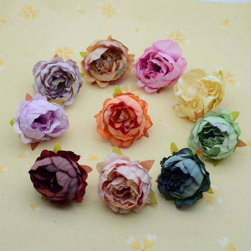 Artificial peony flowers, multi-color rose-like blooms (9-pack) with leaves
