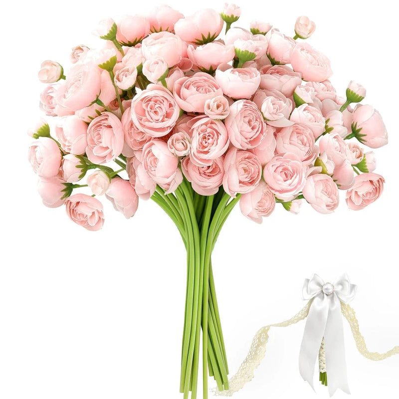 24 Pcs Ranunculus Artificial Flowers with Bows, Ribbons and Pearl Pins, Faux ... Ranunculus