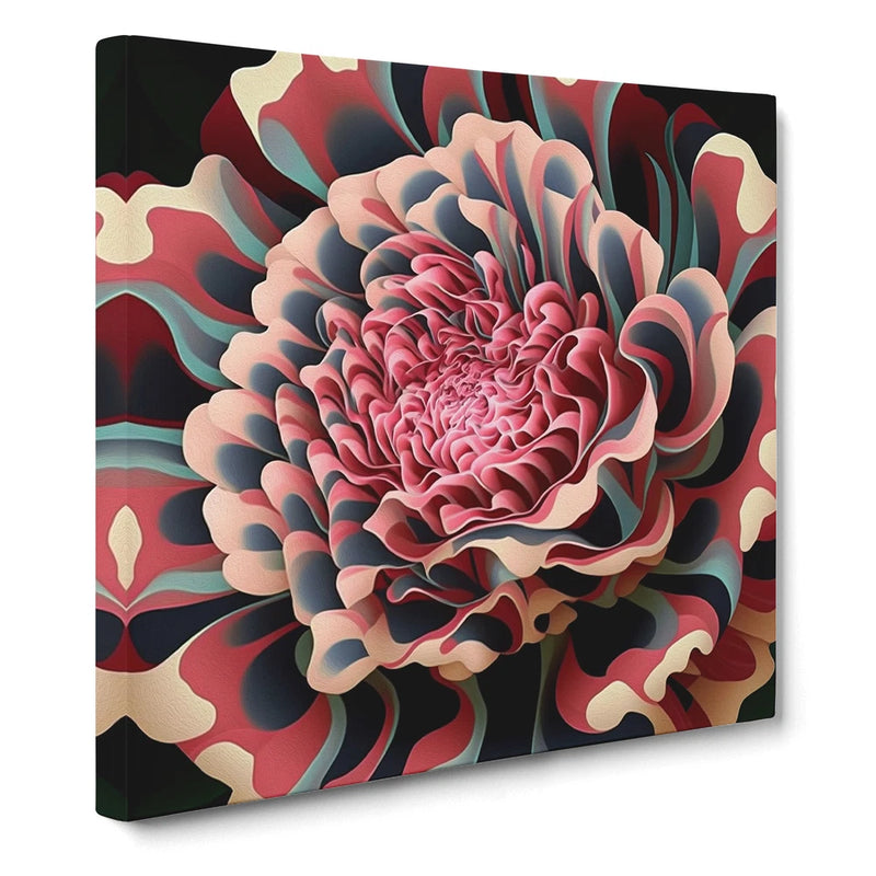 Framed canvas wall art with abstract pink carnation flower op art swirl design
