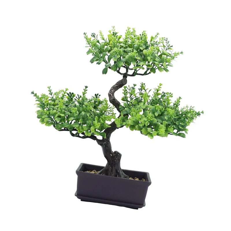 Artificial bonsai tree with dark trunk and dense green leaves in a rectangular planter