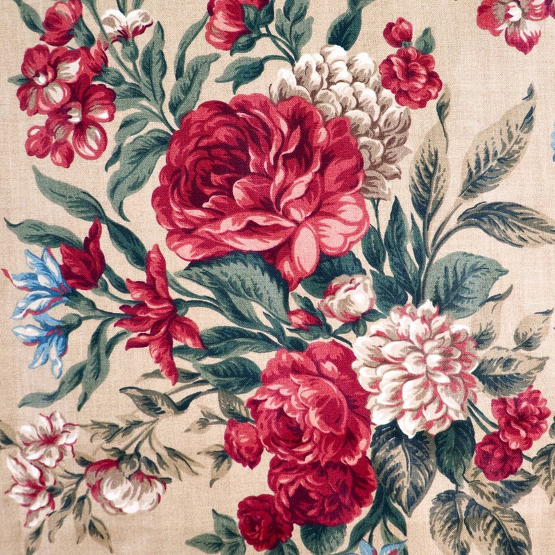 Cotton quilting fabric in tan with red and cream rose floral print