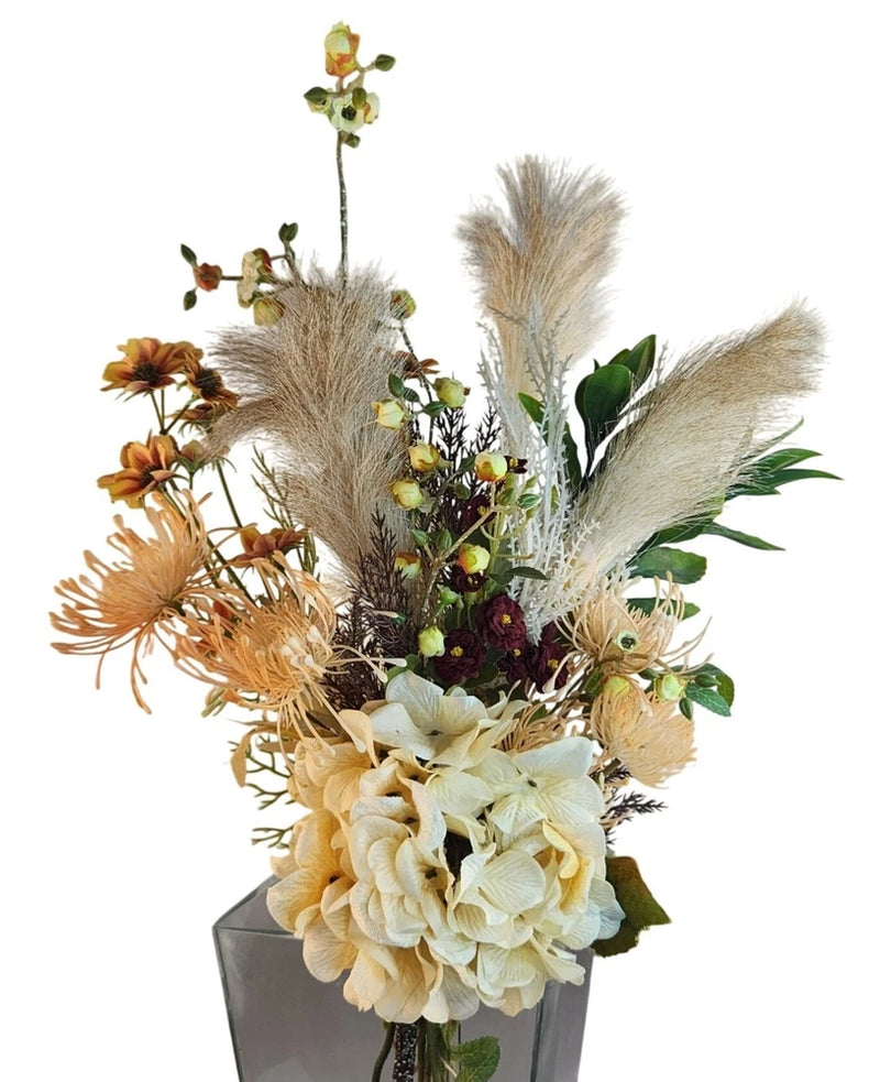 Hand Tied Artificial Flower Bouquet With faux hydrangeas pampas grass cream peac Pampas Grass