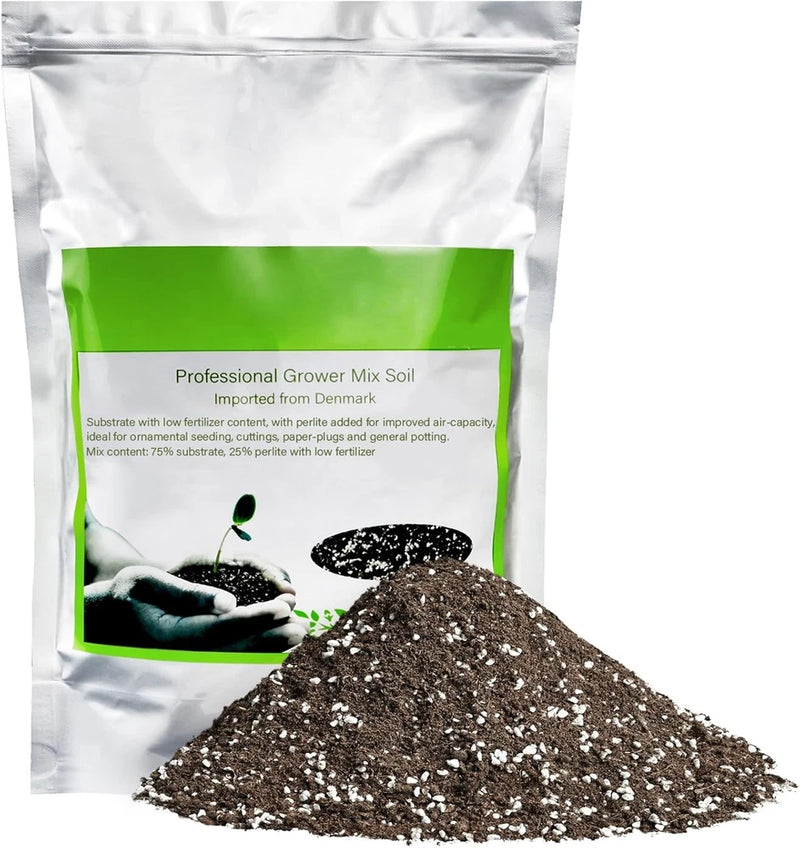 Professional grower mix soil bag with dark potting soil mound and green label