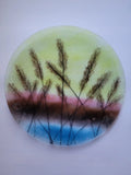 Signed 14" Round Fused Glass Plate Pampas Grass Summer Costal Beach Decor Pampas Grass