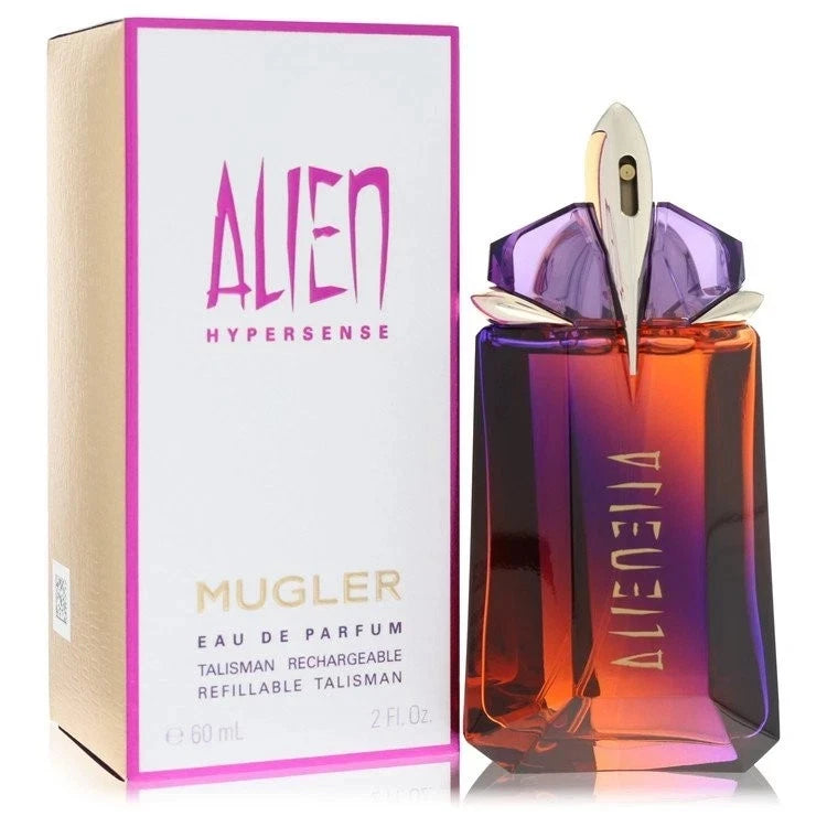 Refillable eau de parfum spray bottle with purple body, gold cap, in box