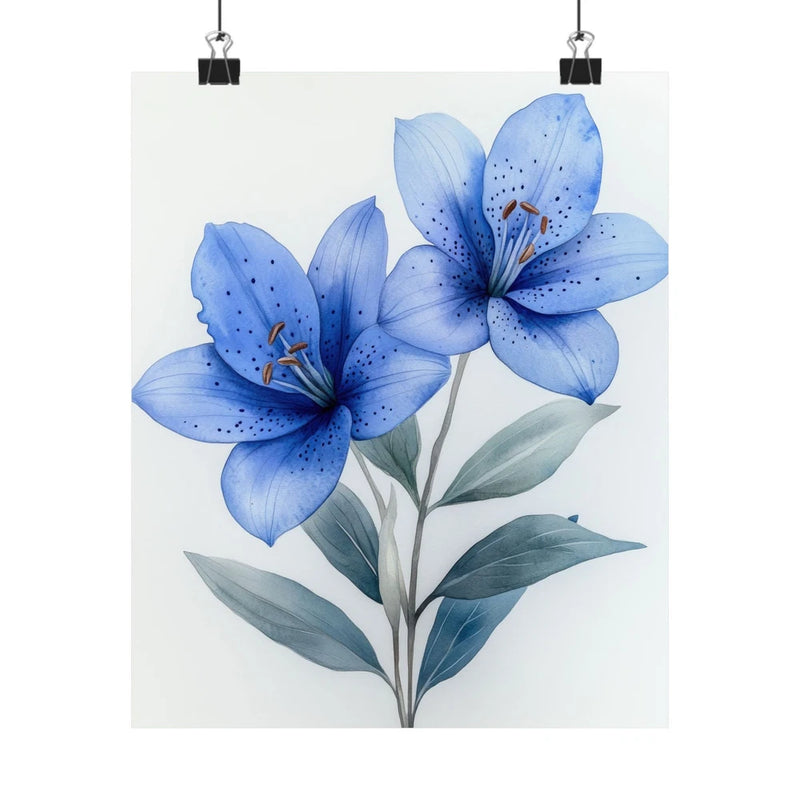 Blue lily flower art print poster with two blossoms and green leaves