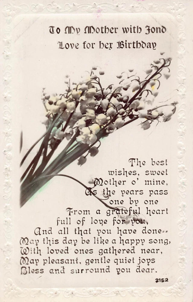 Vintage birthday postcard with lily of the valley flower poem