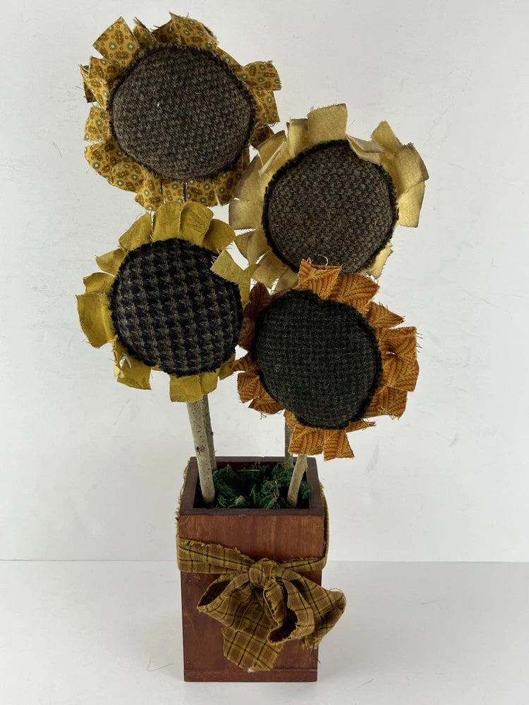 Rustic farmhouse fabric sunflower arrangement in wood box with bow ribbon, dark centers
