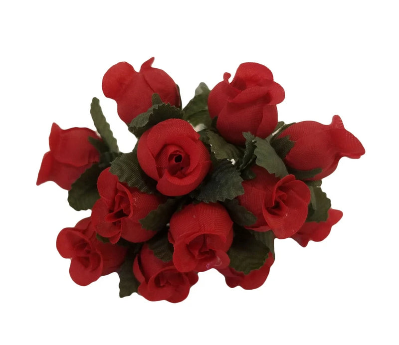 Red artificial mini rose flowers with green leaves, on stems