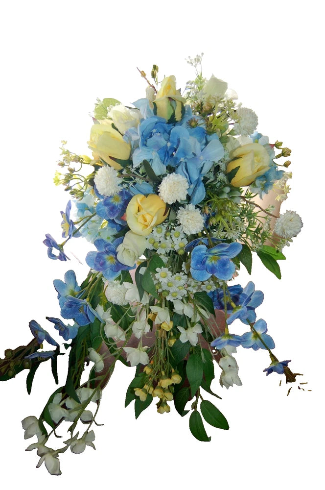 Handmade- One of a Kind Bridal Bouquet Silk, Blue, Yellow, White Cascade NEW Bouquet