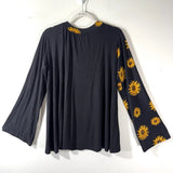 D'Enjoy Sunflower Print Top Size Medium Boho Flare Sleeve Rayon Knit Tie Back Sunflower