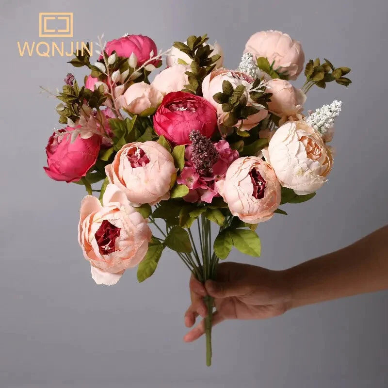 Silk peony artificial flower bouquet with pink and peach blooms