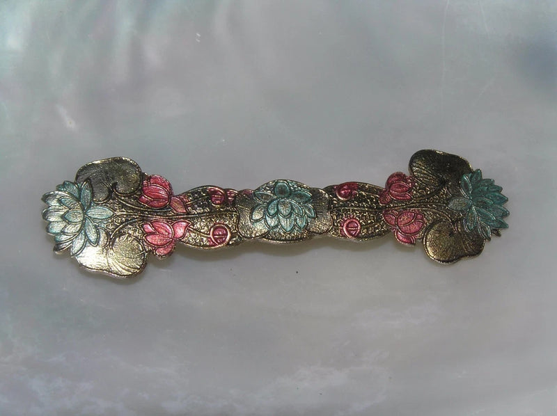 Vintage Victorian Reproduction Antique Goldtone Bar with Blue Lily Pad Flowers & Lily