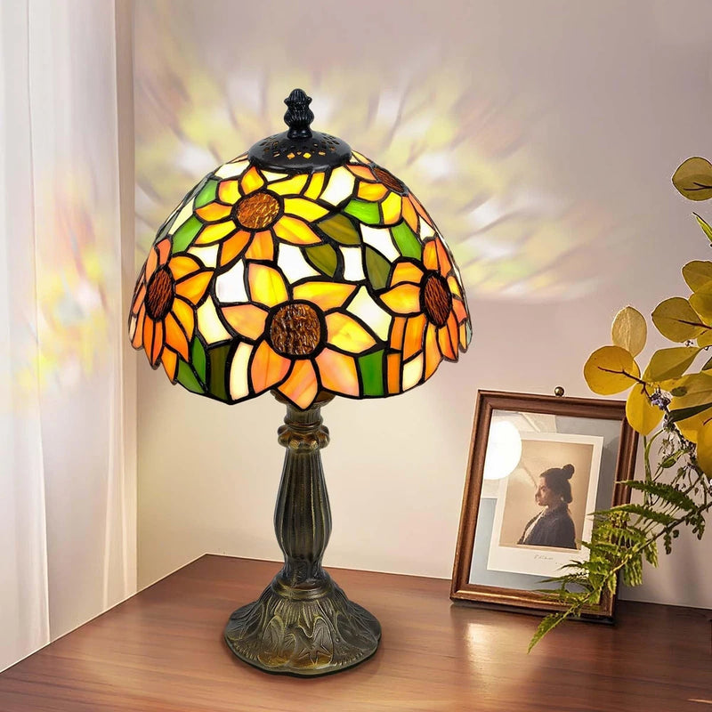 Sunflower Tiffany-style stained glass table lamp, dark metal base, sunflower shade