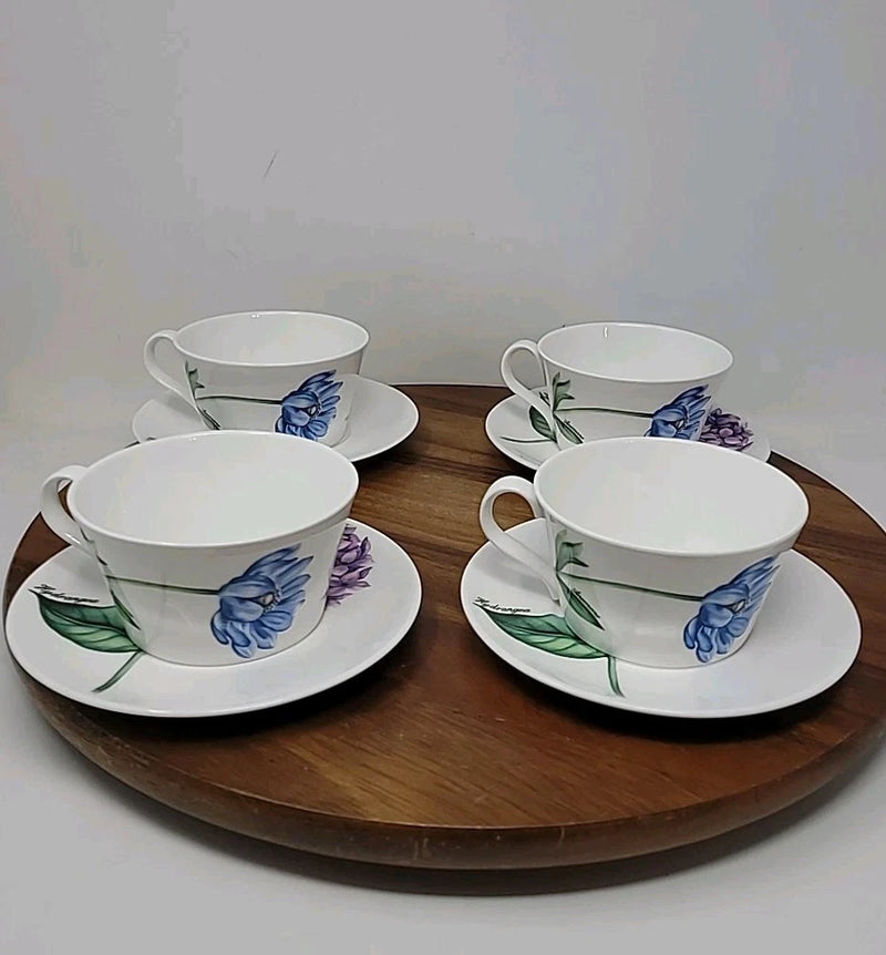 Set Of Four Cups And Saucer Royal Grafton Hydrangeas Irises Anemone wide-mouth Hydrangea
