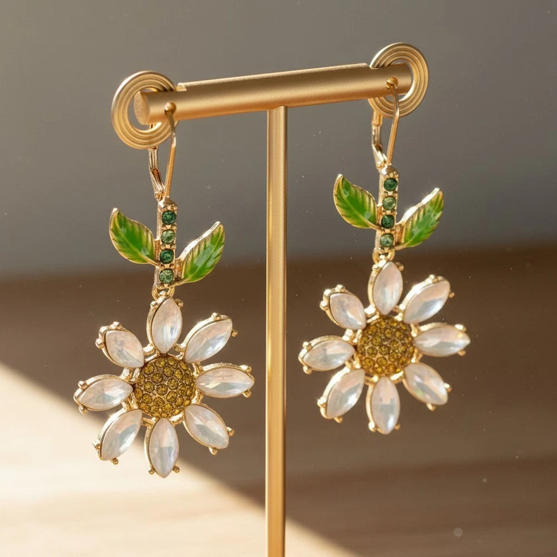 Betsey Johnson Earrings Gold-Tone Crystal Daisy Drop Floral Leverback Daisies