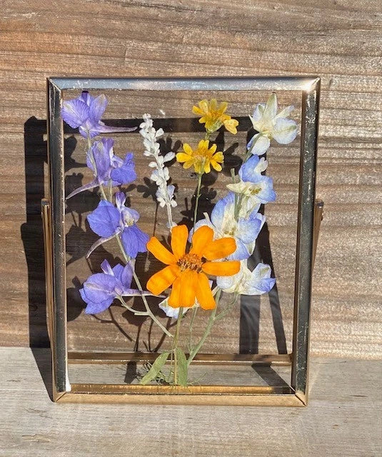 Handmade pressed real dried flowers in double glass brass frame Dried Flower