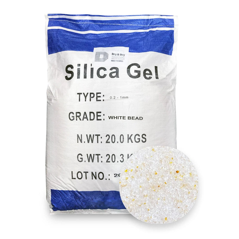 Silica gel desiccant pouch with white beads, blue and white packaging