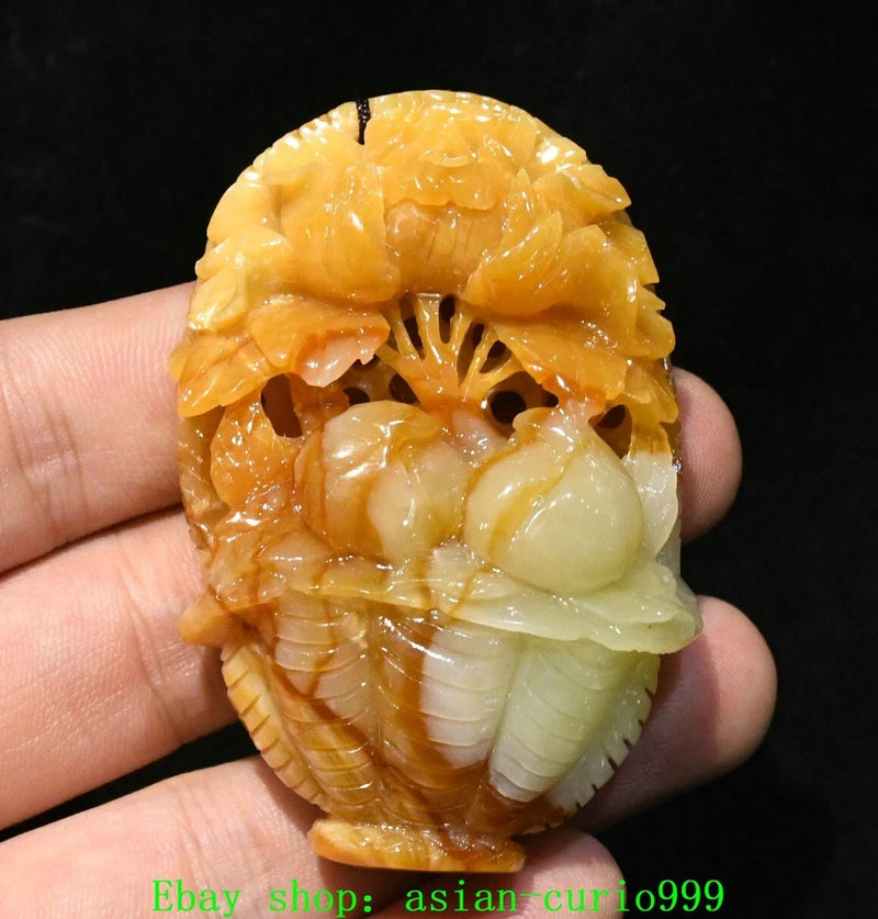 2.7" Chinese Natural Xiu Jade Carved Peony Flower Peach Basket Amulet Pendant Peony