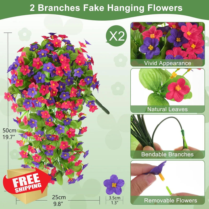 2pk Purple Rose Red Hanging Flowers, Artificial Outdoor Plants, UV Resistant Flowering Plants