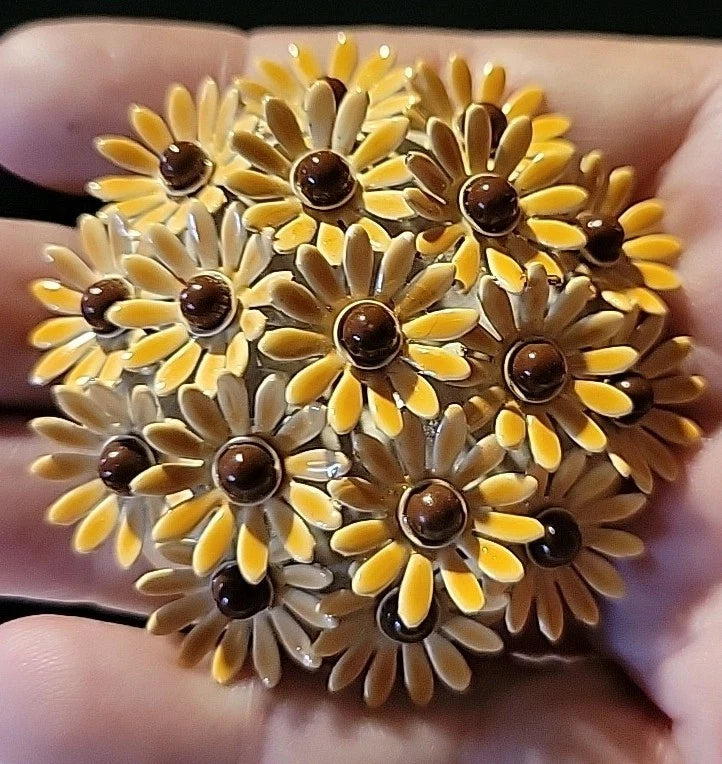 Vintage Enamel Sunflower Metal Brooch  2by2 Sunflower