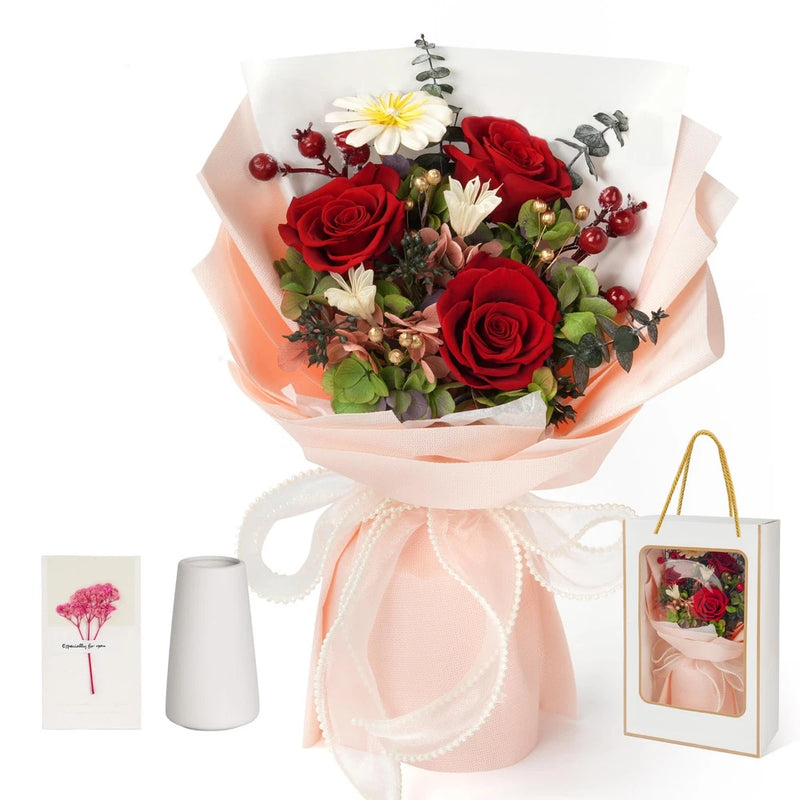 Red rose bouquet wrapped with peach paper and ribbon, pearl string, gift bag included