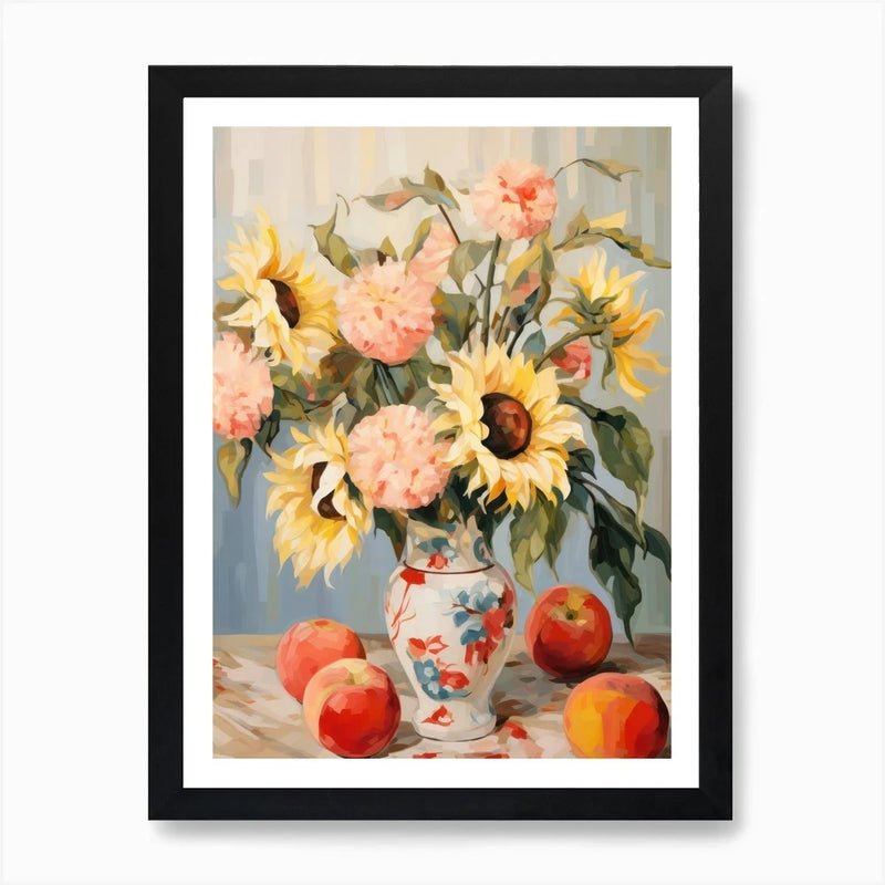 Framed wall art with sunflowers, peach flowers, and fruit in a vase