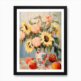Sunflower Flower And Peaches Still  Framed Wall Art Poster Canvas Print Picture Sunflower
