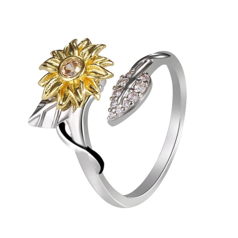 Sunflower with Leaves Ring Floral Cubic Zirconia Adjustable Women's Accessory Sunflower