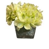 Silk Hydrangea Arrangement Square Glass Vase Glass Marbles 9" tall Hydrangea